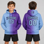 Custom Purple Gradient Pullover Hoodie with Light Blue and Black Lettering youth size worn by child model