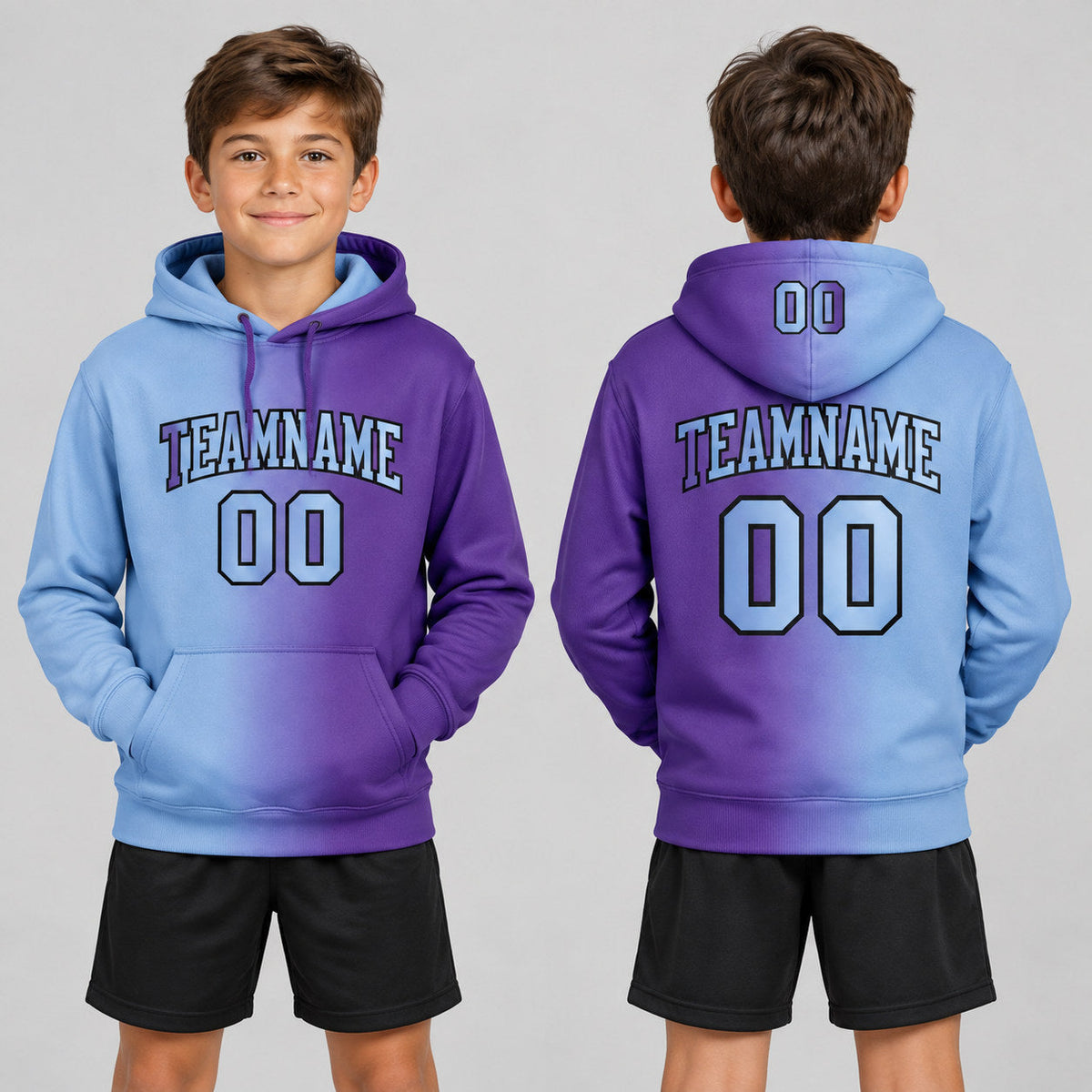 Custom Purple Gradient Pullover Hoodie with Light Blue and Black Lettering youth size worn by child model