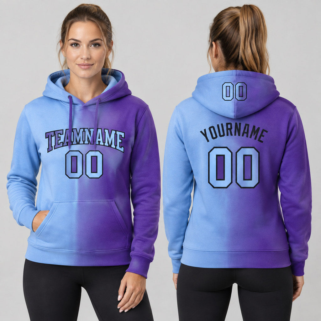 Custom Purple Gradient Pullover Hoodie with Light Blue and Black Lettering worn by female model
