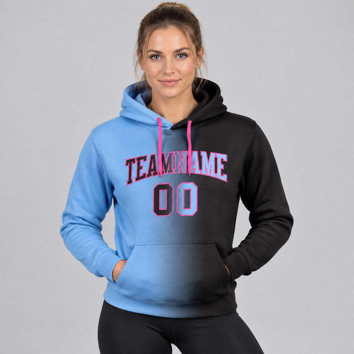 Custom Black Gradient Pullover Hoodie with Light Blue and Pink Lettering worn by female model