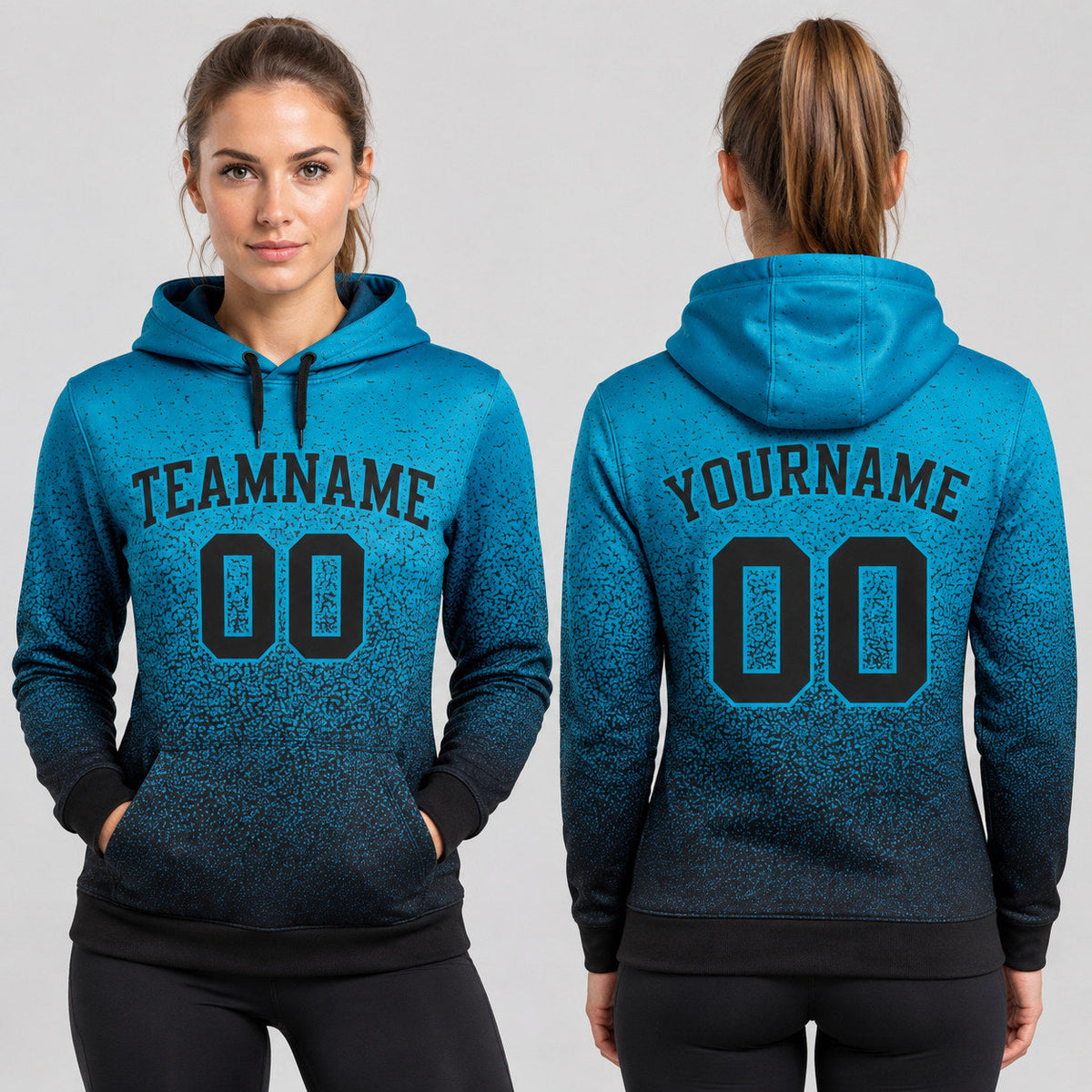 Custom Panther Blue Fade Pullover Hoodie with Black Lettering worn by female model