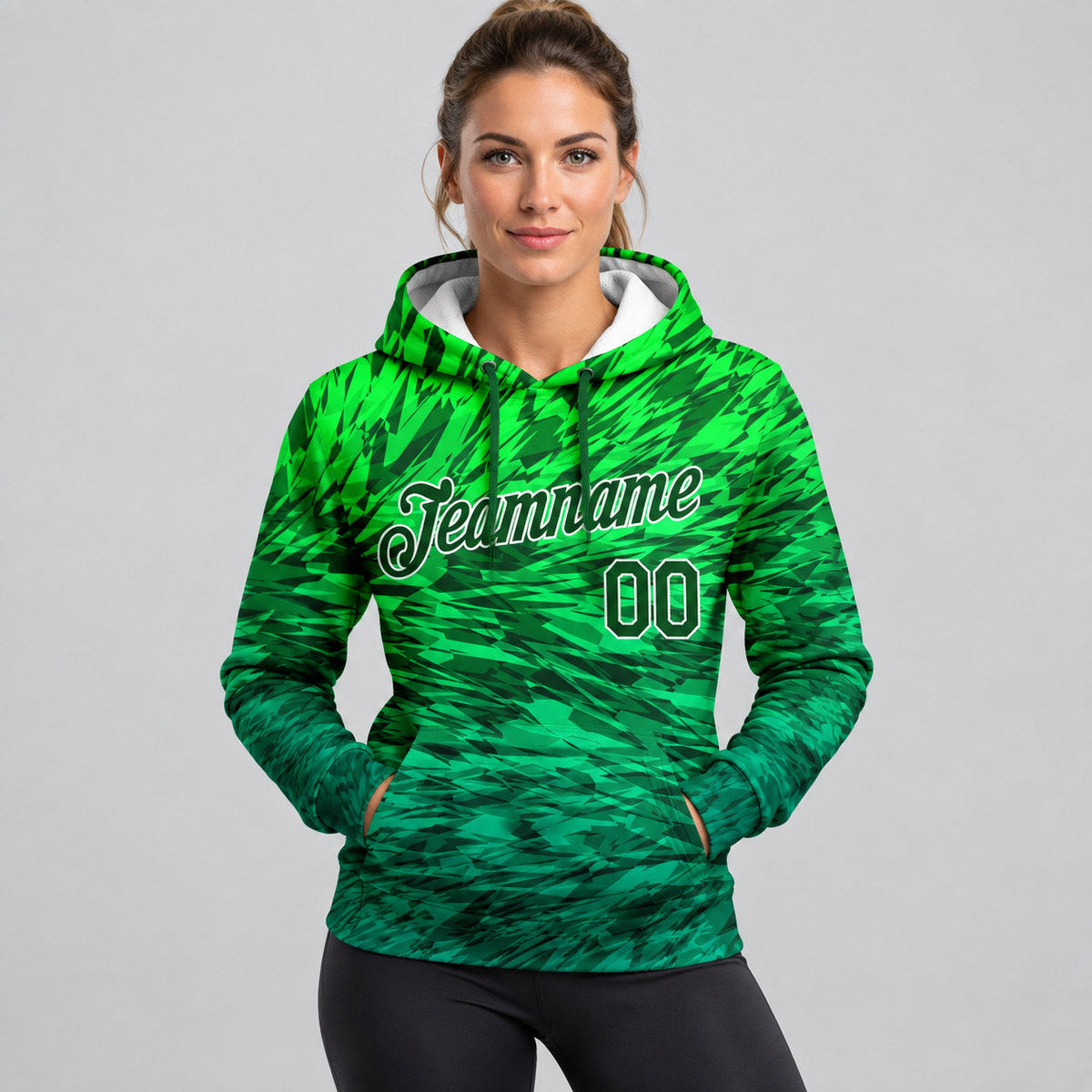 Custom Kelly Green Gradient Abstract Pullover Hoodie with Green and White Lettering worn by female model