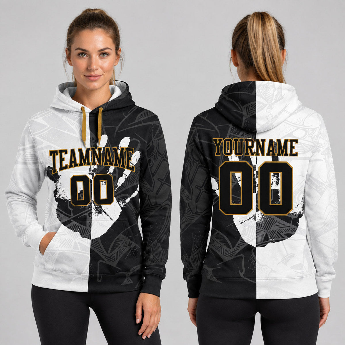 Custom Black and Old Gold Graffiti Pullover Hoodie Design 0092 worn by female model