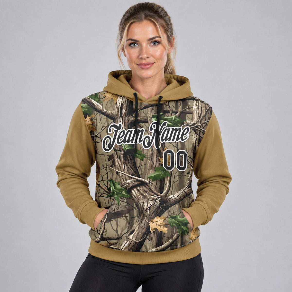 Custom Old Gold Tree Camo Hunting Pullover Hoodie with Black and White Lettering Design 10646 worn by female model