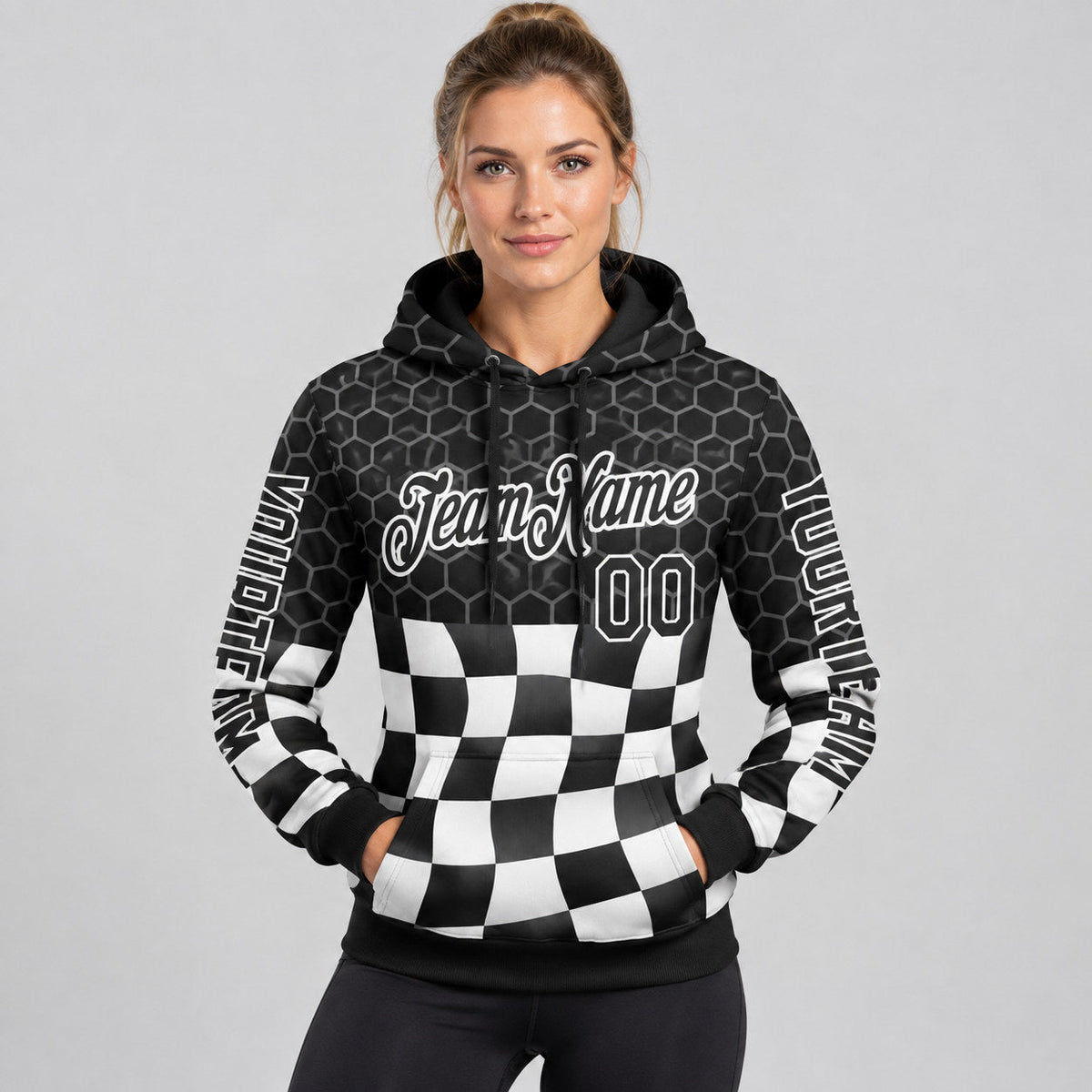 Custom Black Formula Auto Car Motorsport Racing Pullover Hoodie with White Lettering worn by female model
