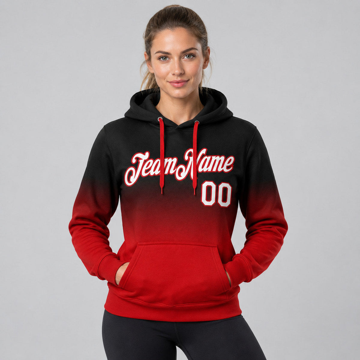 Custom Black Fade Pullover Hoodie with White and Red Lettering worn by female model