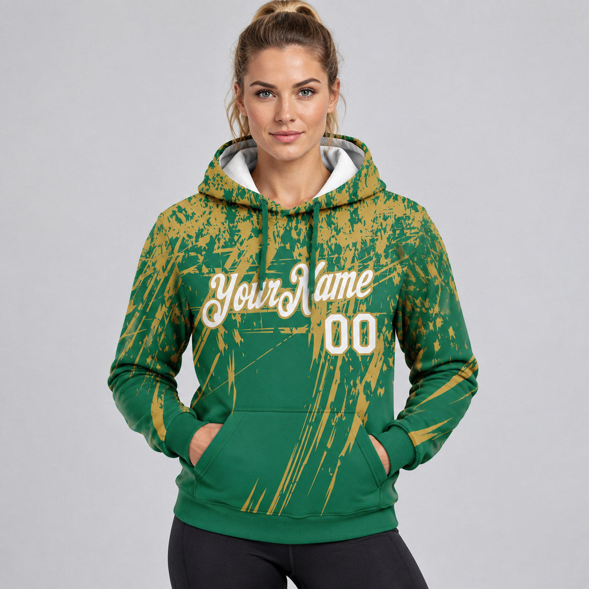 Custom Kelly Green Splash Grunge Art Pullover Hoodie with White and Old Gold Lettering worn by female model