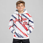 Custom White American Inspired Graffiti Splash Pullover Hoodie with Red and Navy Lettering youth size worn by child model