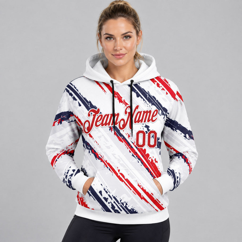 Custom White American Inspired Graffiti Splash Pullover Hoodie with Red and Navy Lettering worn by female model
