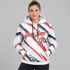 Custom White American Inspired Graffiti Splash Pullover Hoodie with Red and Navy Lettering worn by female model