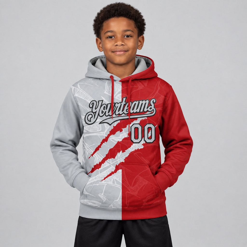 Custom Gray Graffiti Scratch Pullover Hoodie with Red and Black Lettering youth size worn by child model