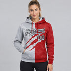 Custom Gray Graffiti Scratch Pullover Hoodie with Red and Black Lettering worn by female model