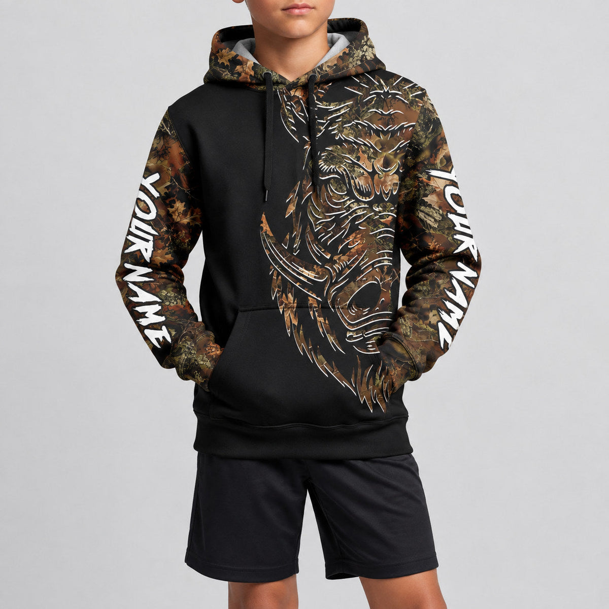Custom White and Black Camo Wild Boar Hunting Pullover Hoodie Design 5813 youth size worn by child model