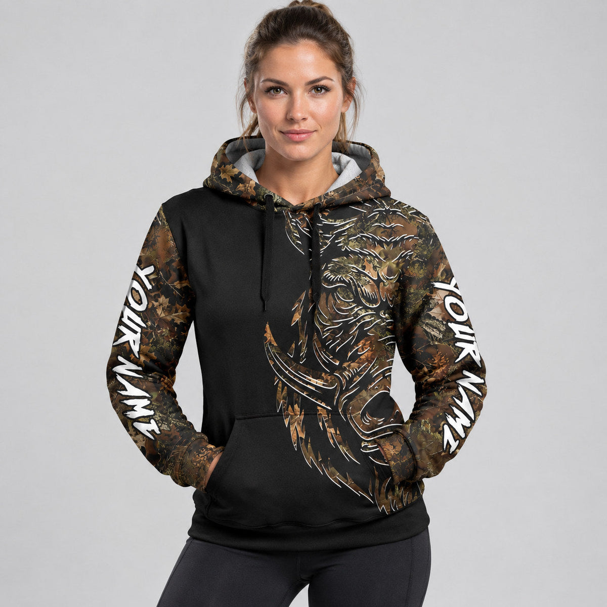 Custom White and Black Camo Wild Boar Hunting Pullover Hoodie Design 5813 worn by female model
