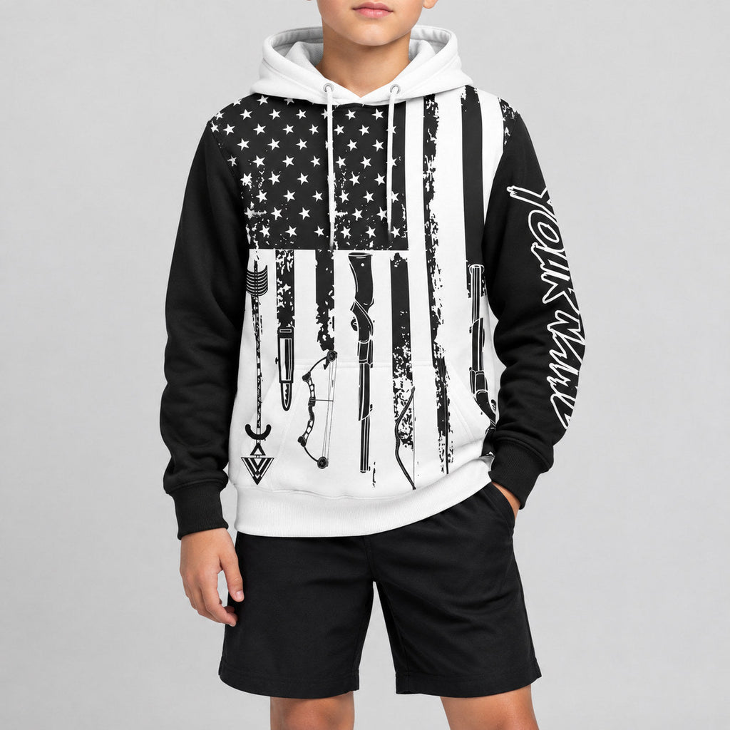 Custom Black American Flag And Tools Hunting Pullover Hoodie with White Lettering youth size worn by child model