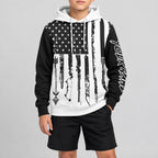 Custom Black American Flag And Tools Hunting Pullover Hoodie with White Lettering youth size worn by child model