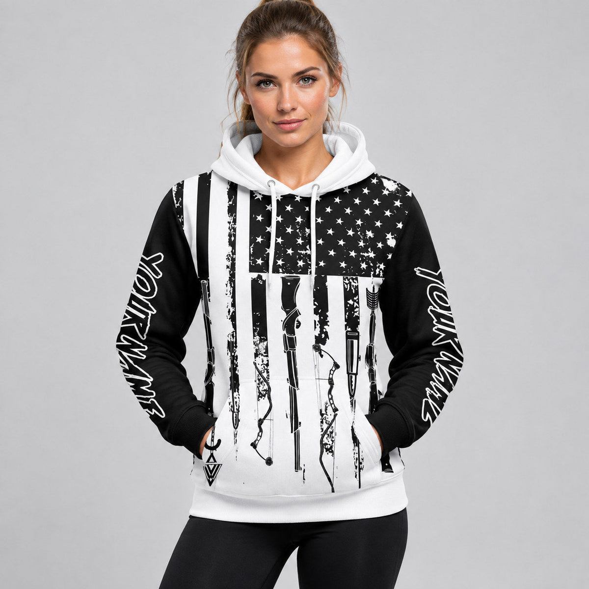 Custom Black American Flag And Tools Hunting Pullover Hoodie with White Lettering worn by female model