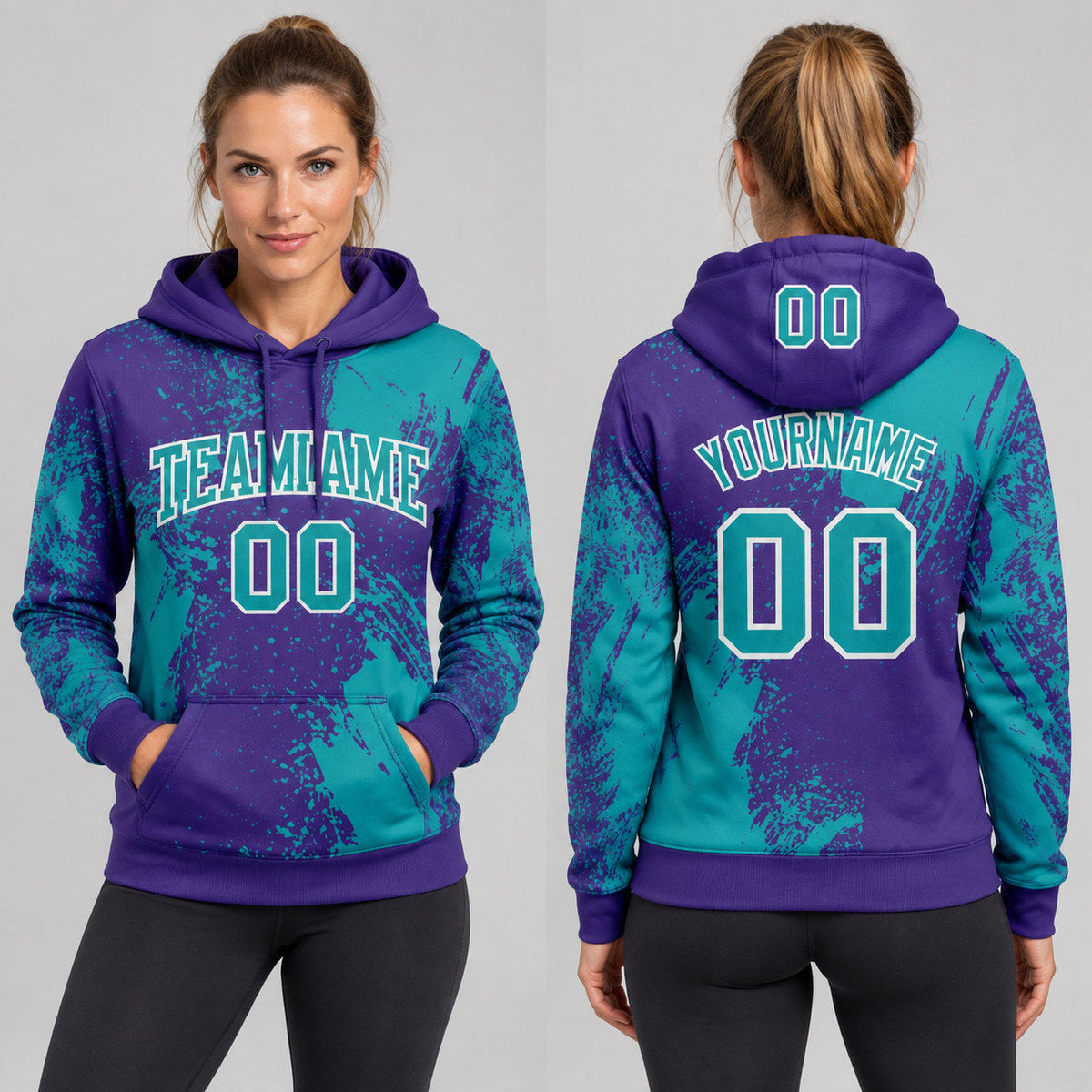 Custom Purple Abstract Brush Stroke Pullover Hoodie with Teal and White Lettering worn by female model