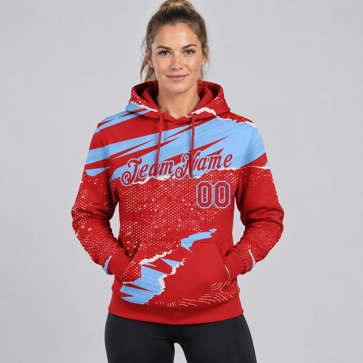 Custom Red Torn Paper Pullover Hoodie with Light Blue Lettering worn by female model
