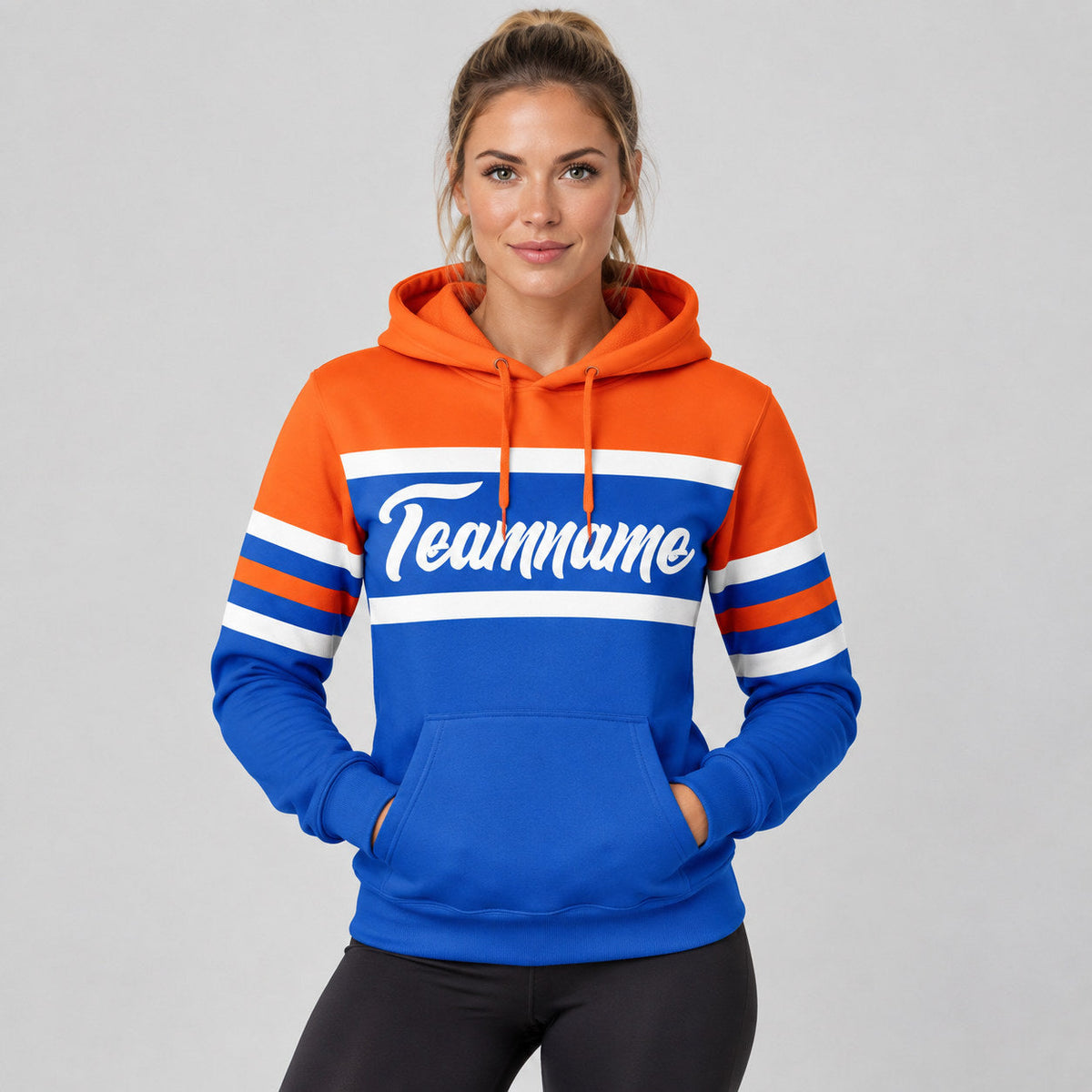 Custom Thunder Blue Line Pullover Hoodie with White and Orange Lettering worn by female model