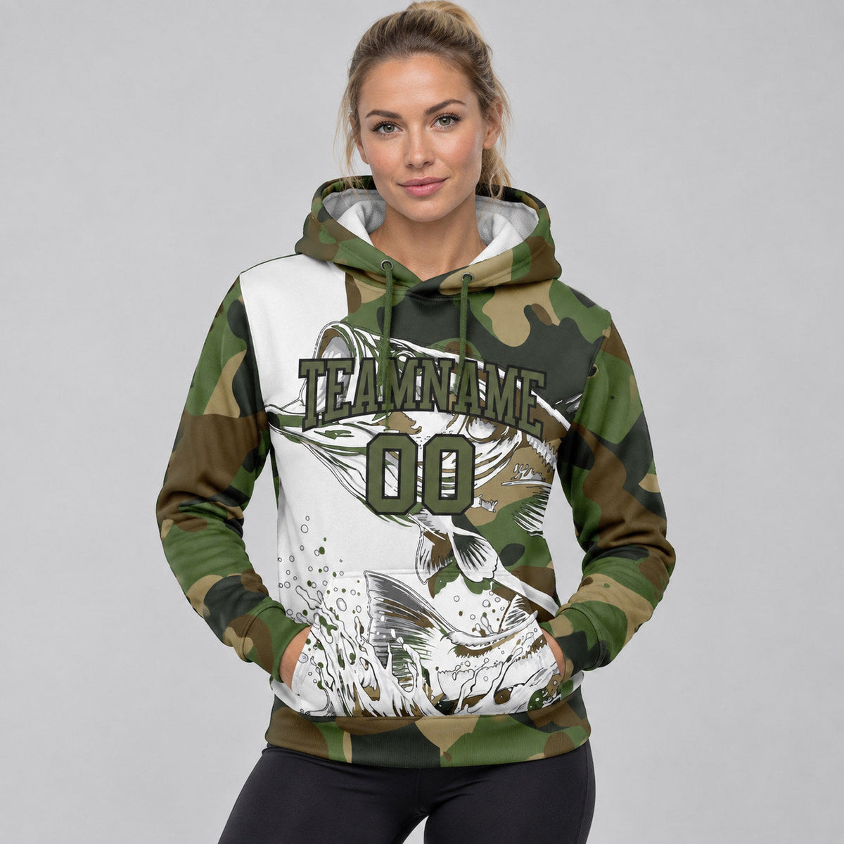 Custom Olive and Black Camo Largemouth Bass Fish Fishing Pullover Hoodie worn by female model