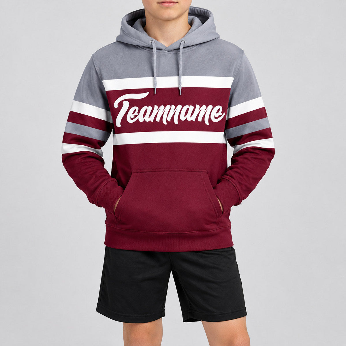 Custom Crimson Line Pullover Hoodie with White and Gray Lettering youth size worn by child model