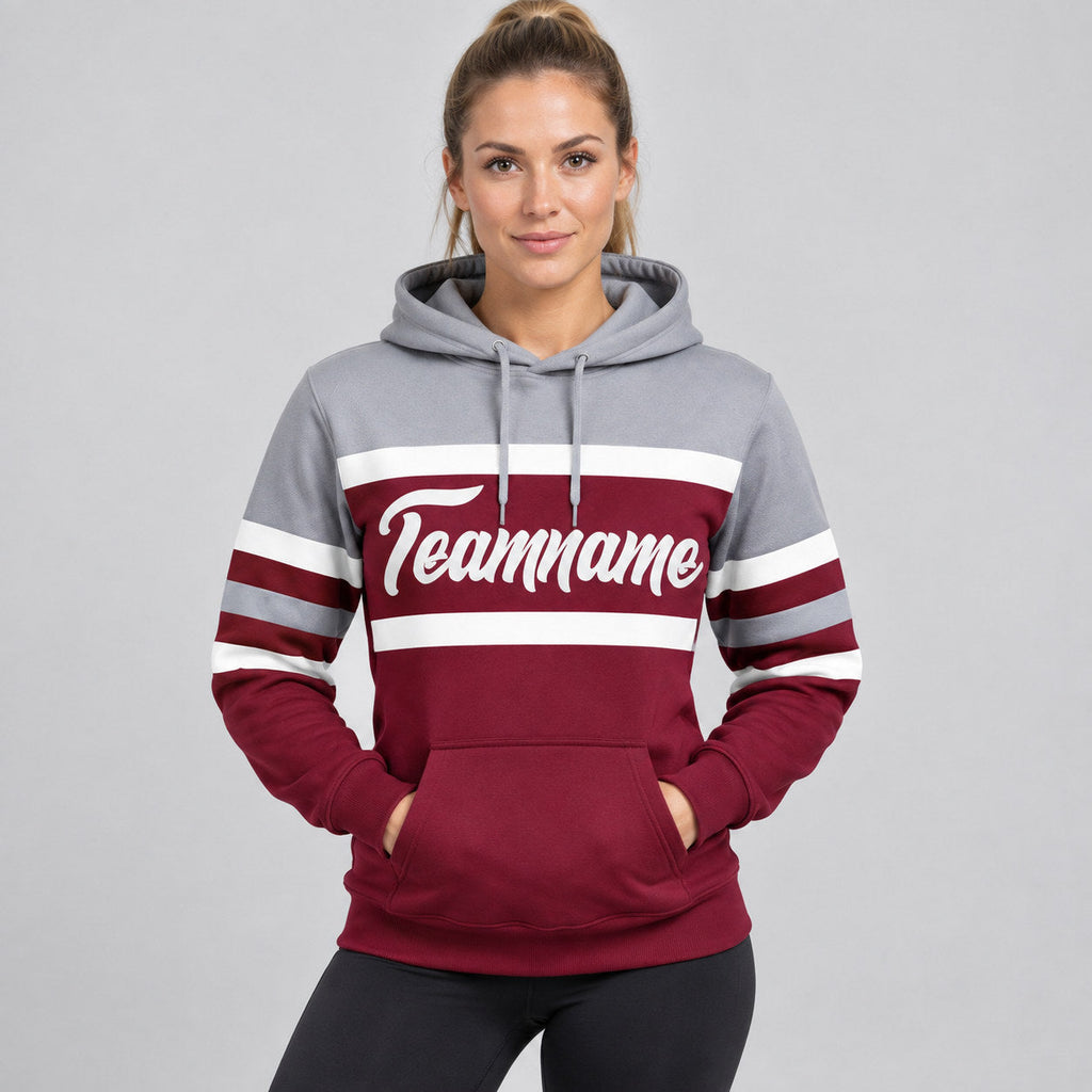 Custom Crimson Line Pullover Hoodie with White and Gray Lettering worn by female model