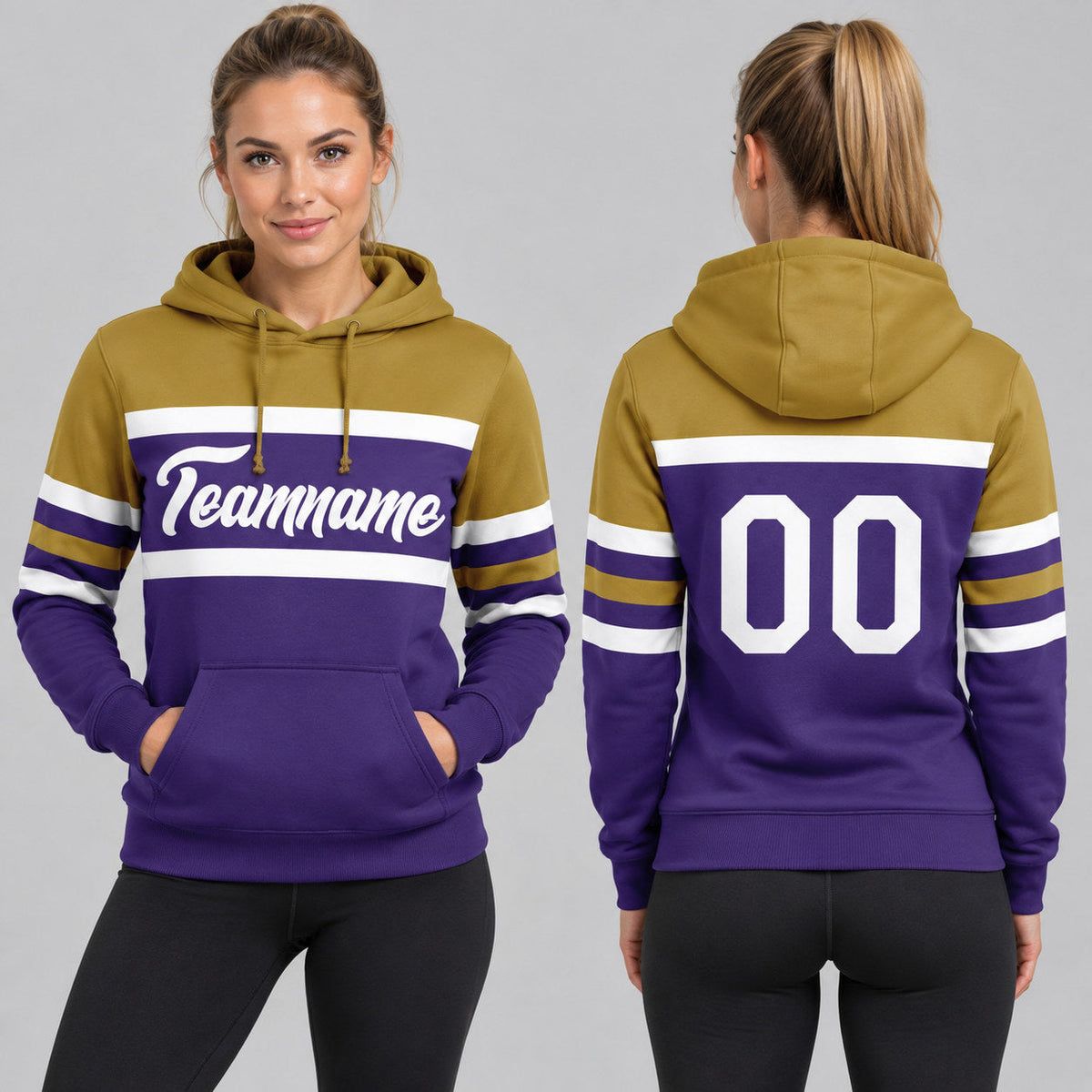 Custom Purple Line Pullover Hoodie with White and Old Gold Lettering worn by female model