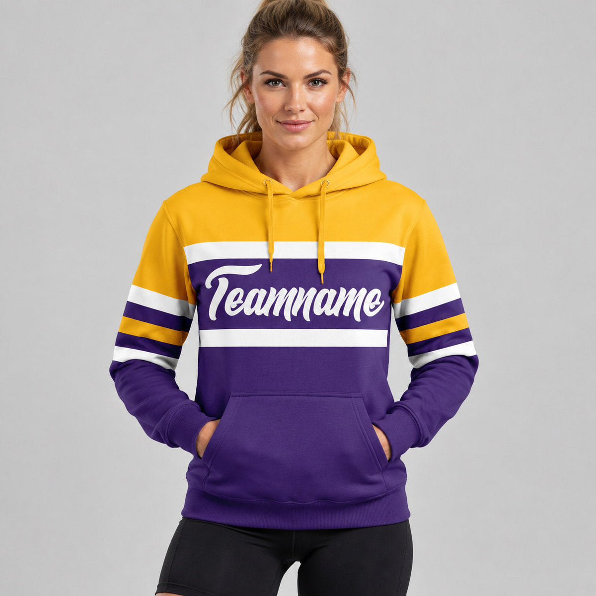 Custom Purple Line Pullover Hoodie with White and Gold Lettering worn by female model