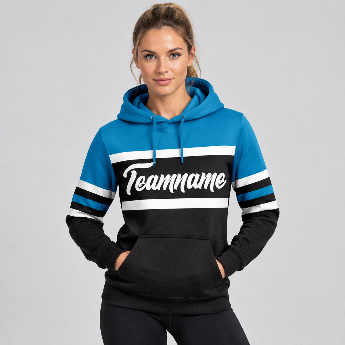 Custom Black Line Pullover Hoodie with White and Panther Blue Lettering worn by female model