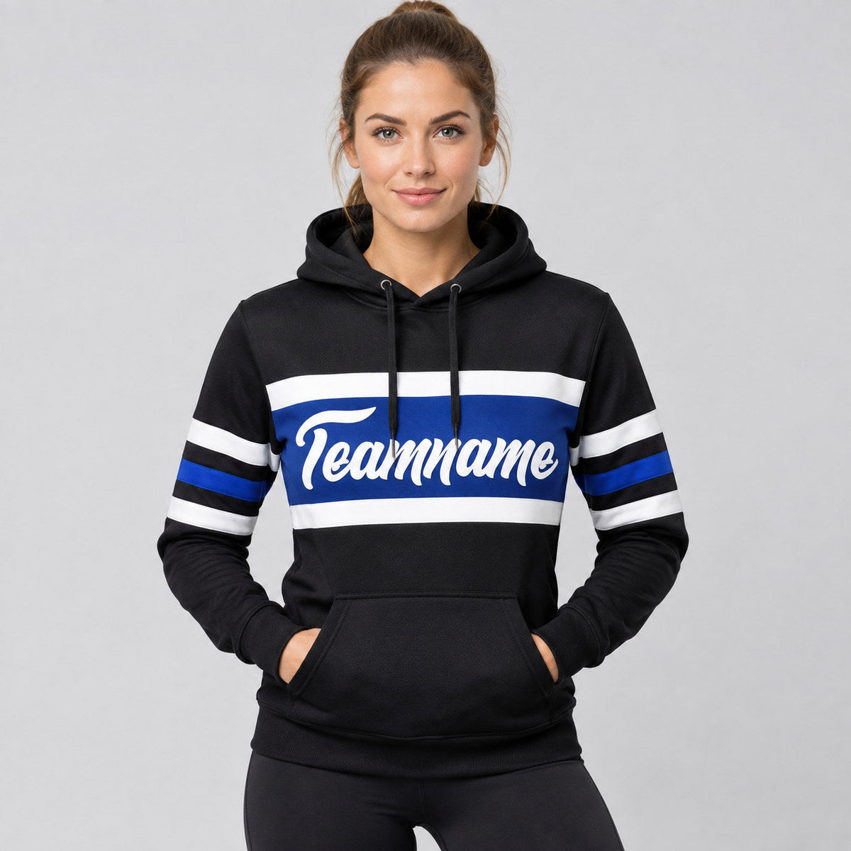 Custom Black Line Pullover Hoodie with White and Royal Lettering worn by female model