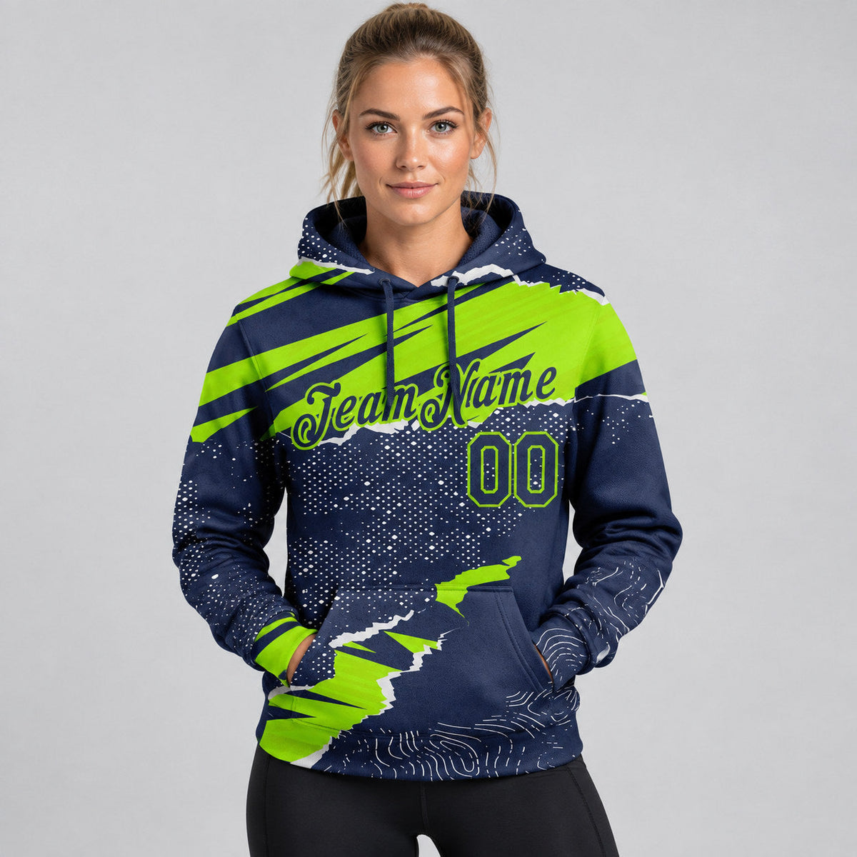 Custom Navy Torn Paper Pullover Hoodie with Neon Green Lettering worn by female model