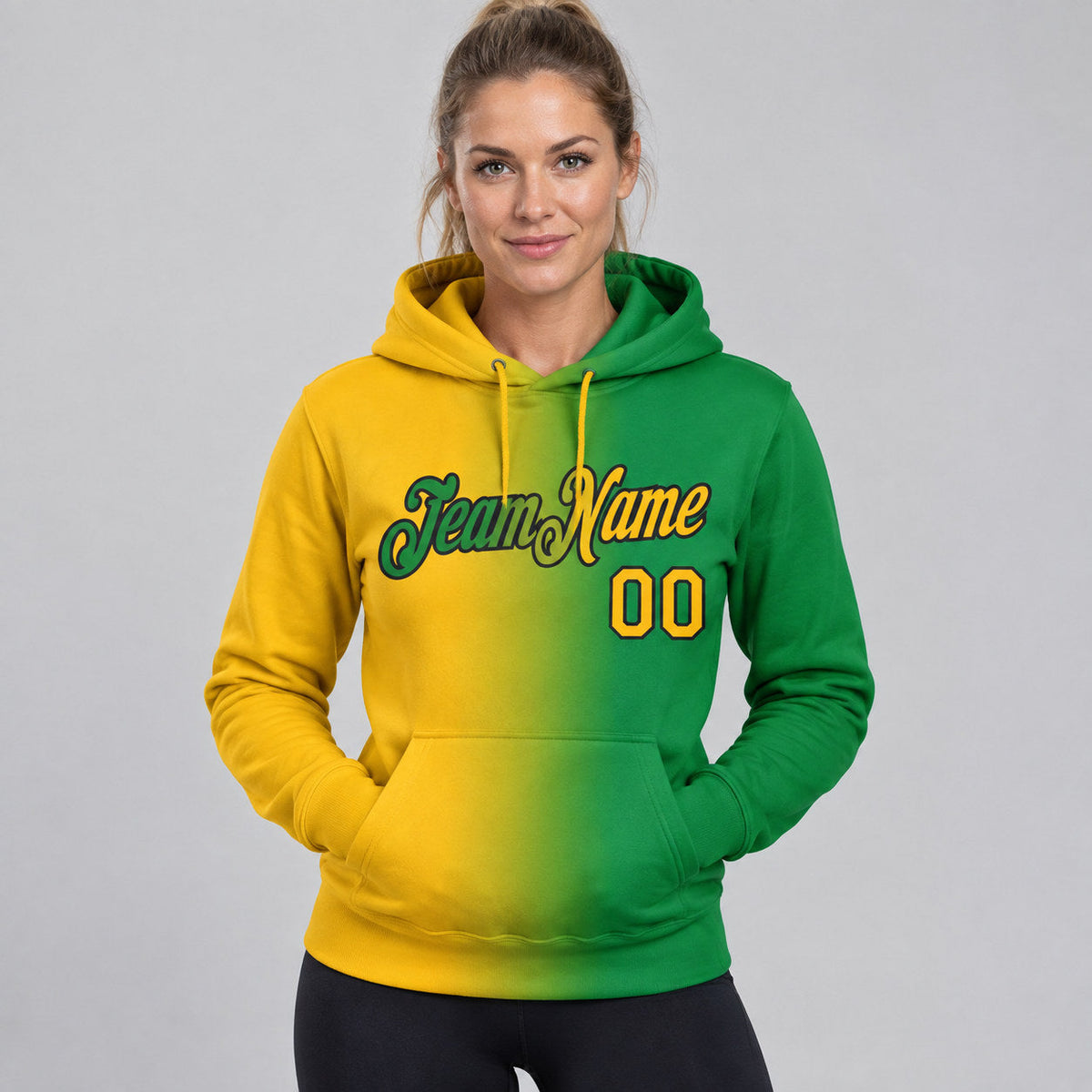 Custom Grass Green Gradient Pullover Hoodie with Gold and Black Lettering worn by female model