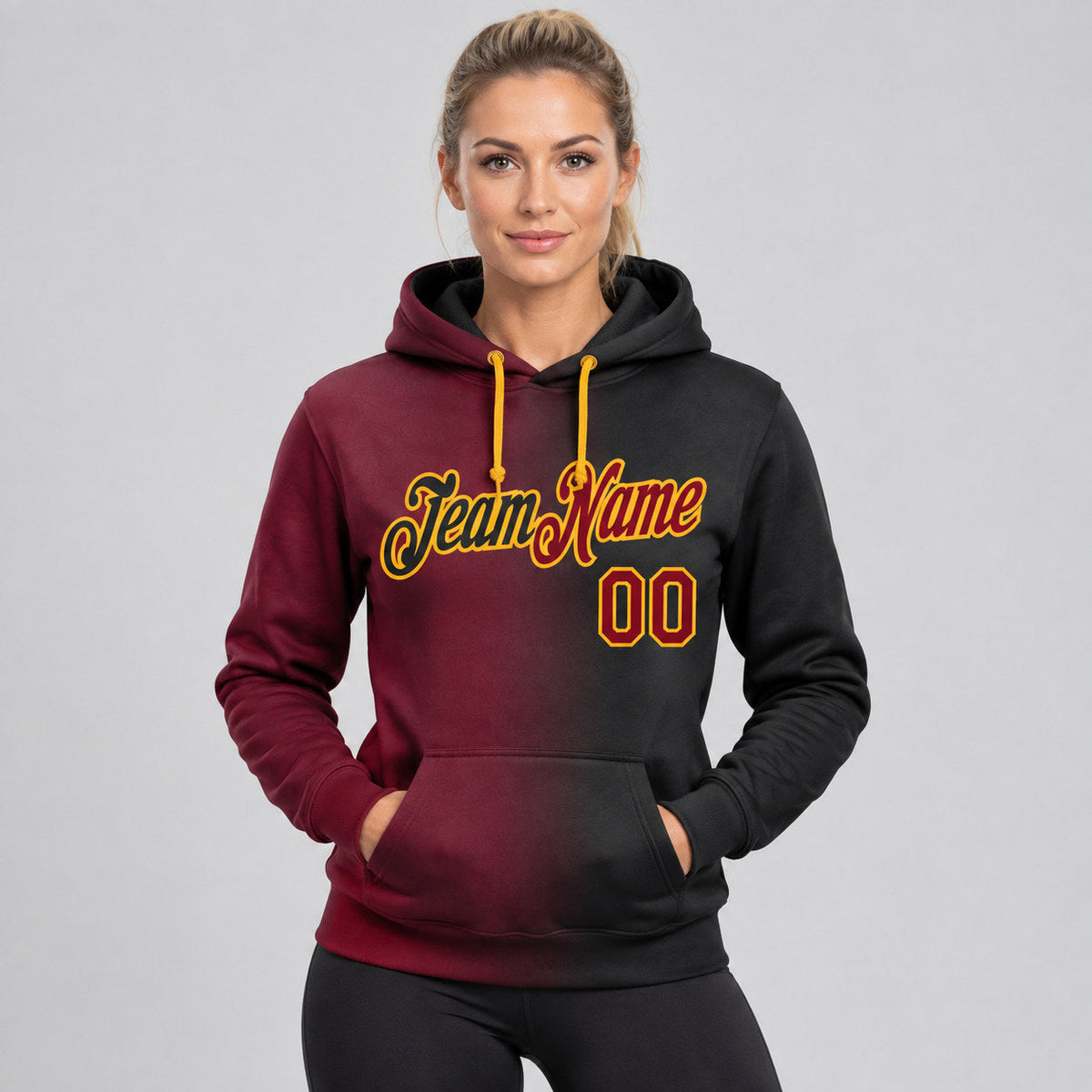 Custom Black Gradient Pullover Hoodie with Crimson and Gold Lettering worn by female model