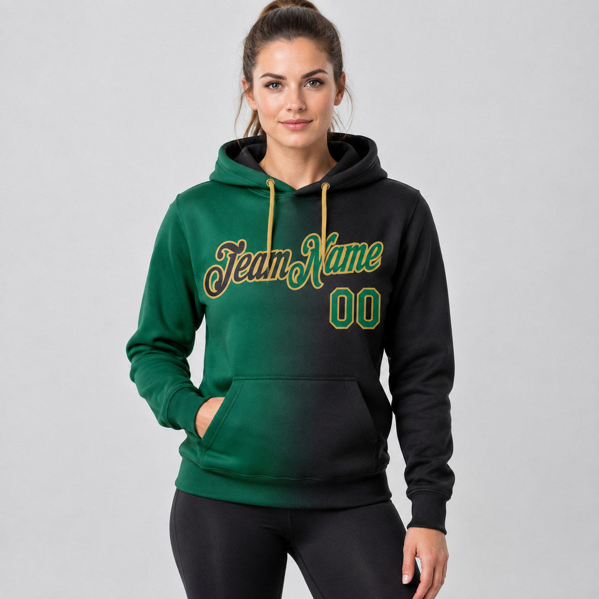 Custom Black Gradient Pullover Hoodie with Kelly Green and Old Gold Lettering worn by female model