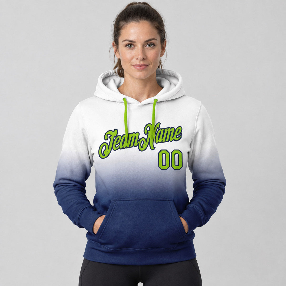 Custom White Fade Pullover Hoodie with Neon Green and Navy Lettering worn by female model