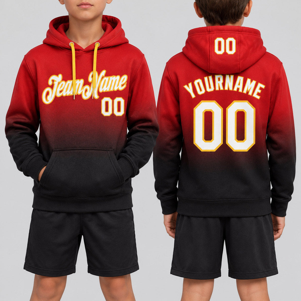 Custom Red and White Fade Pullover Hoodie with Black and Gold Lettering youth size worn by child model