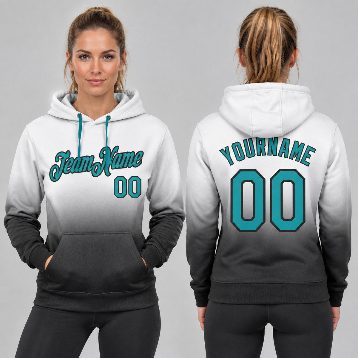 Custom White Fade Pullover Hoodie with Teal and Black Lettering worn by female model