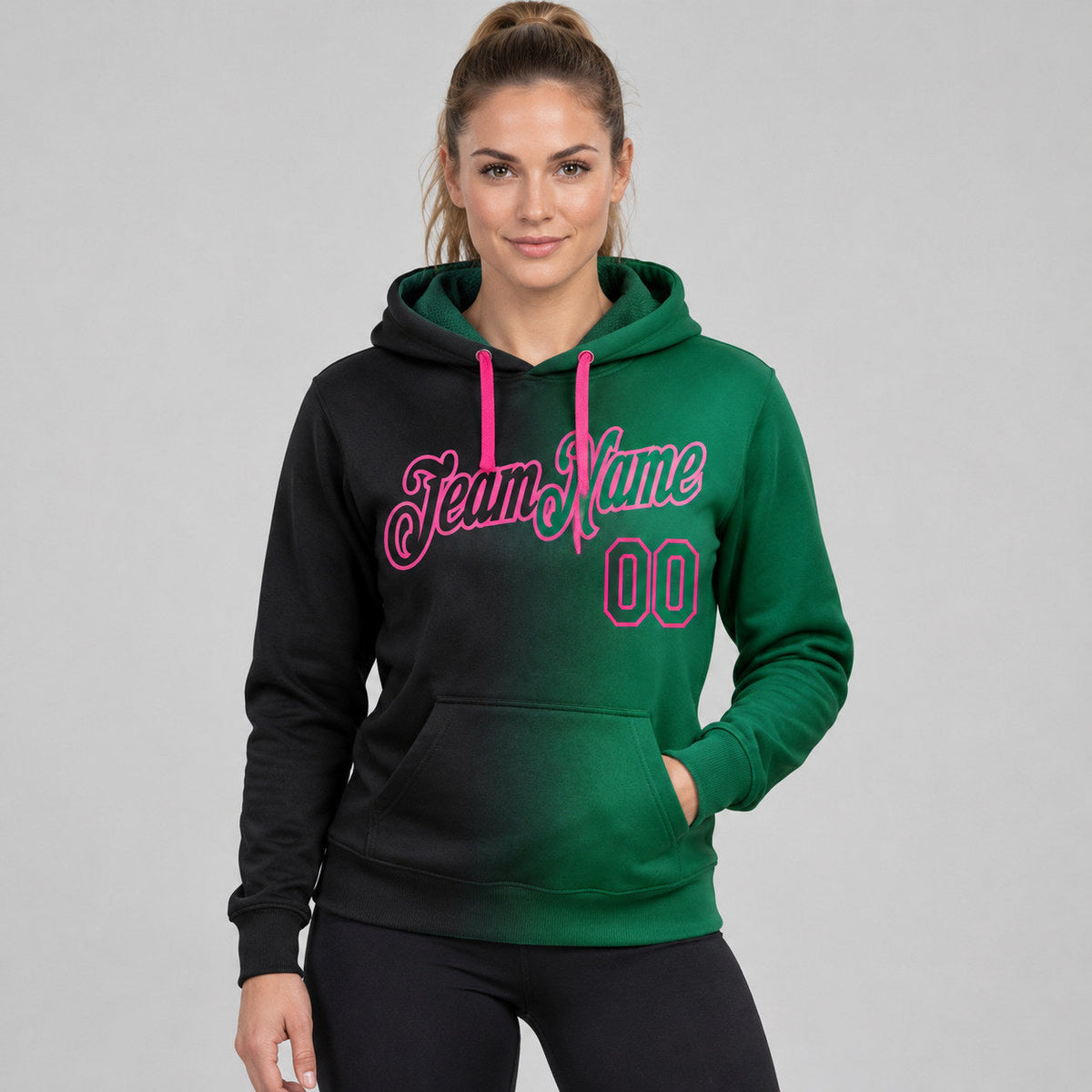 Custom Black Gradient Pullover Hoodie with Kelly Green and Pink Lettering worn by female model