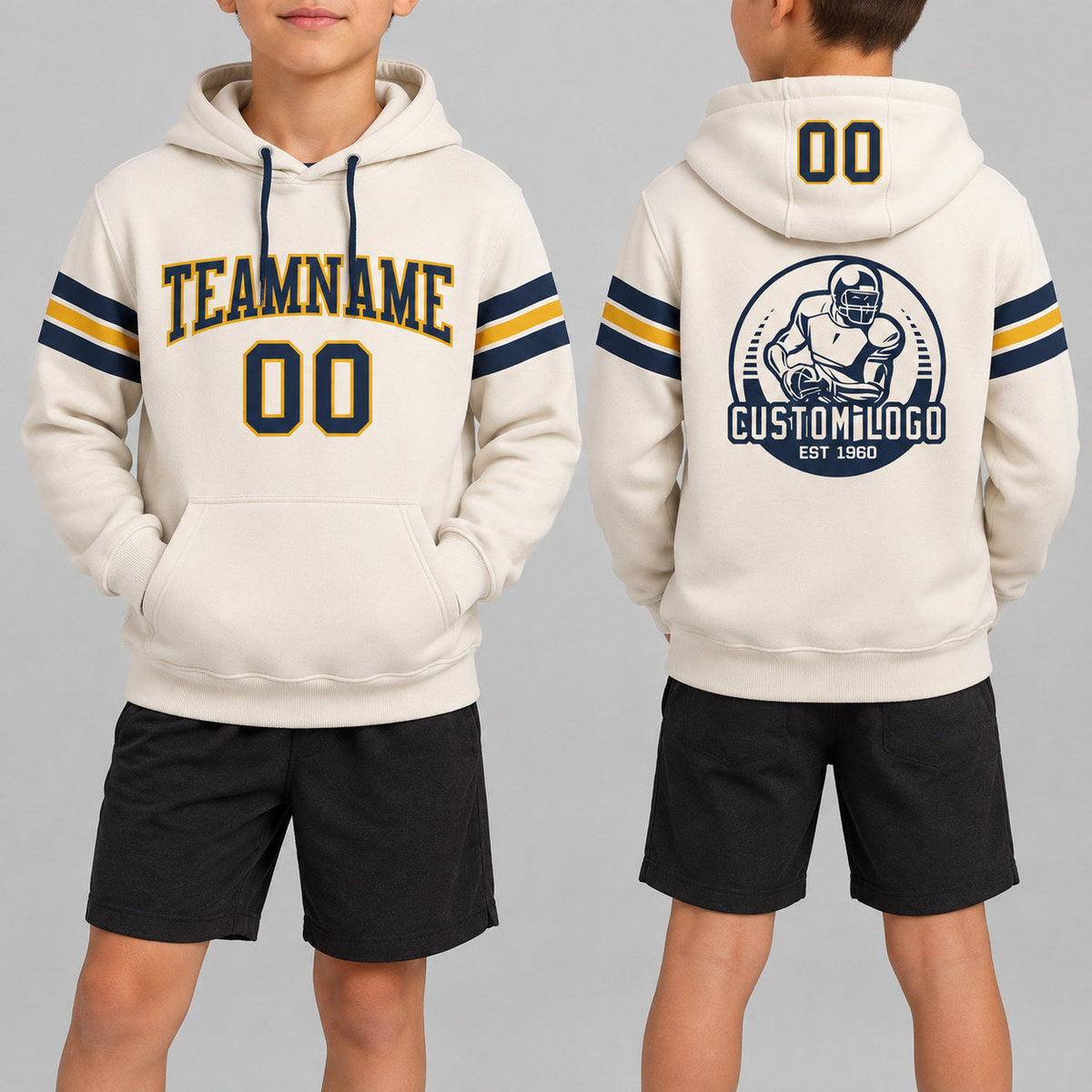 Custom Cream Football Pullover Hoodie with Navy and Gold Lettering youth size worn by child model