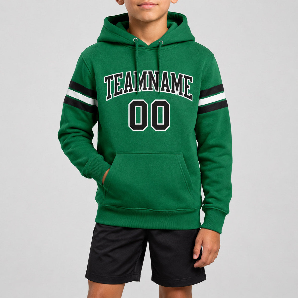 Custom Kelly Green Football Pullover Hoodie with Black and White Lettering youth size worn by child model