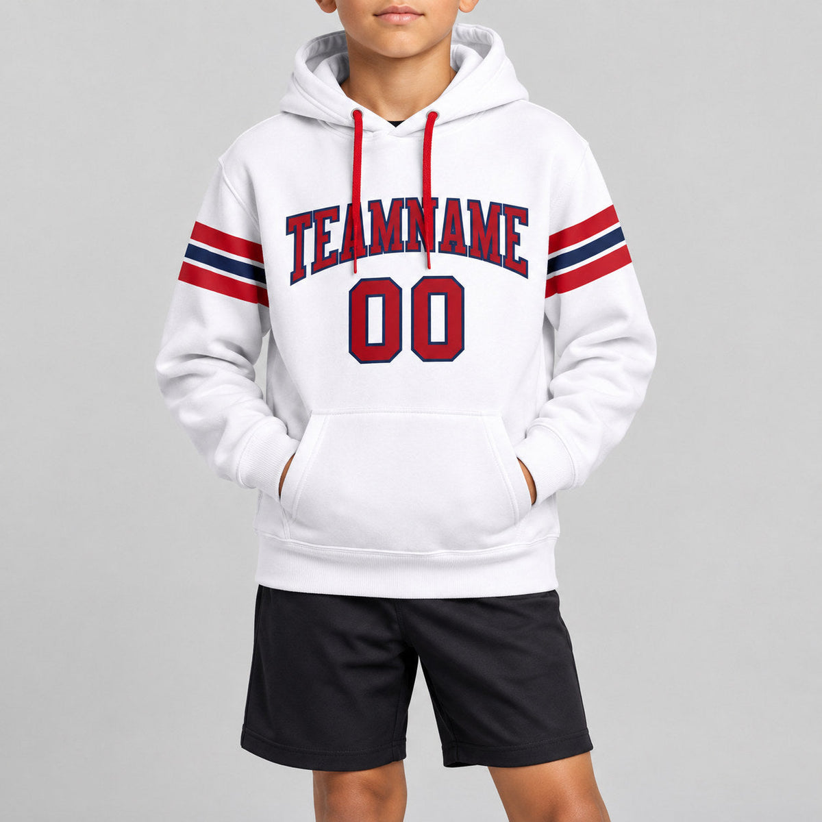 Custom White Football Pullover Hoodie with Red and Navy Lettering youth size worn by child model