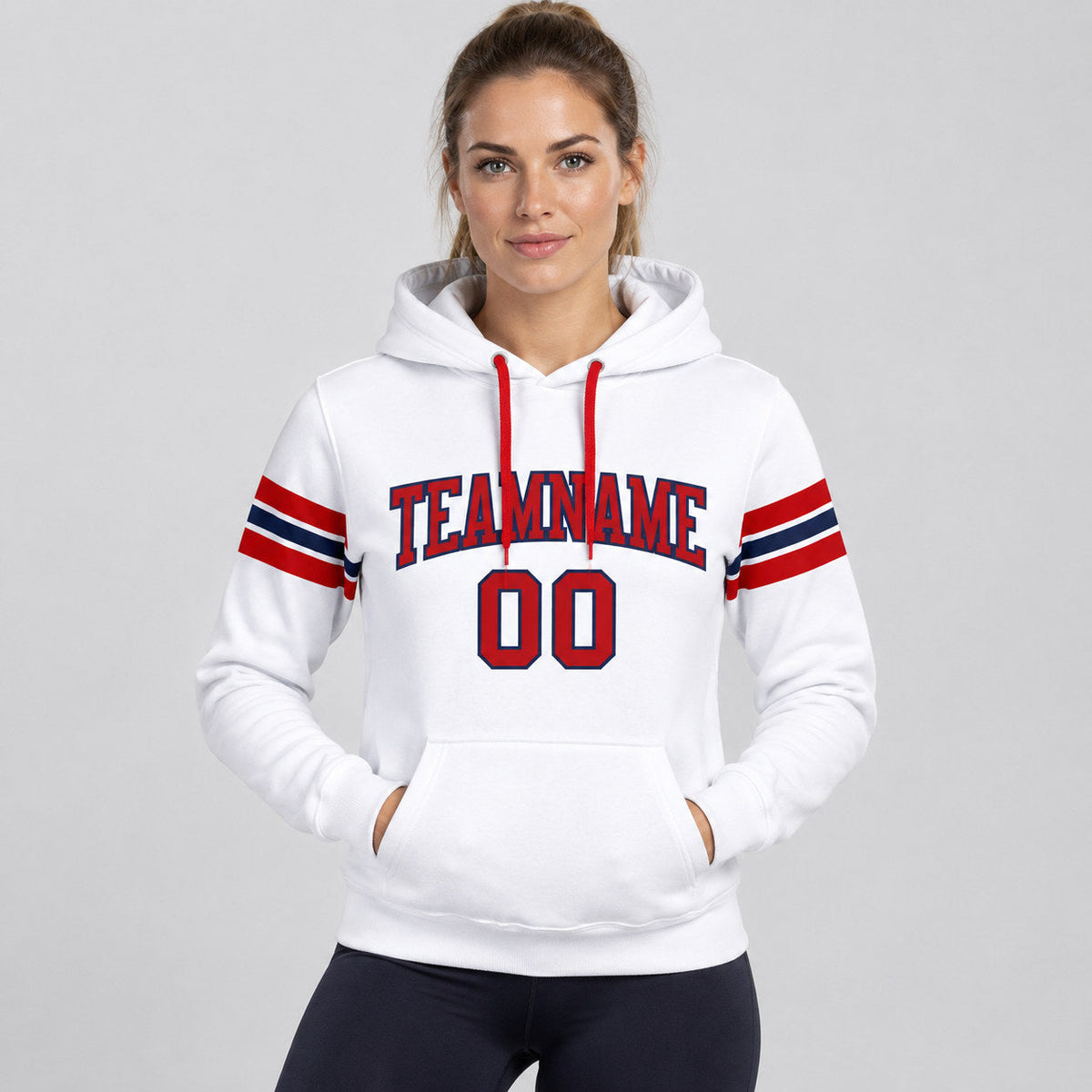 Custom White Football Pullover Hoodie with Red and Navy Lettering worn by female model
