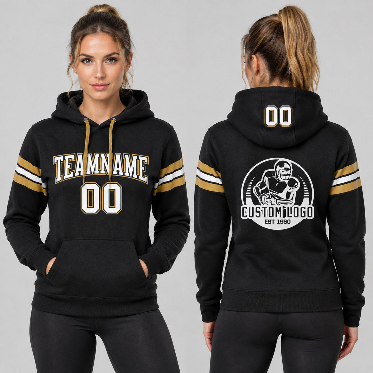 Custom Black Football Pullover Hoodie with White and Old Gold Lettering worn by female model