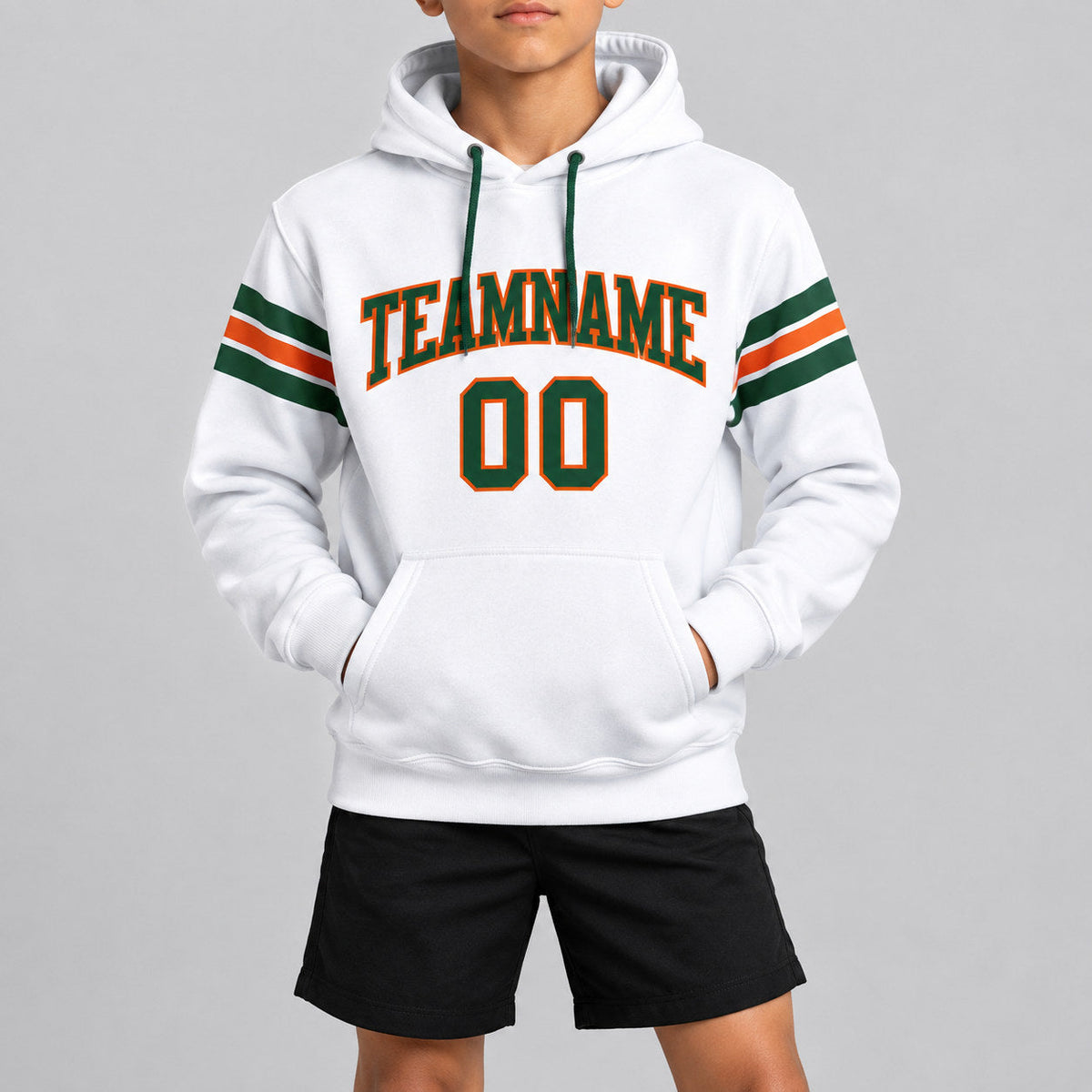 Custom White Football Pullover Hoodie with Green and Orange Lettering youth size worn by child model
