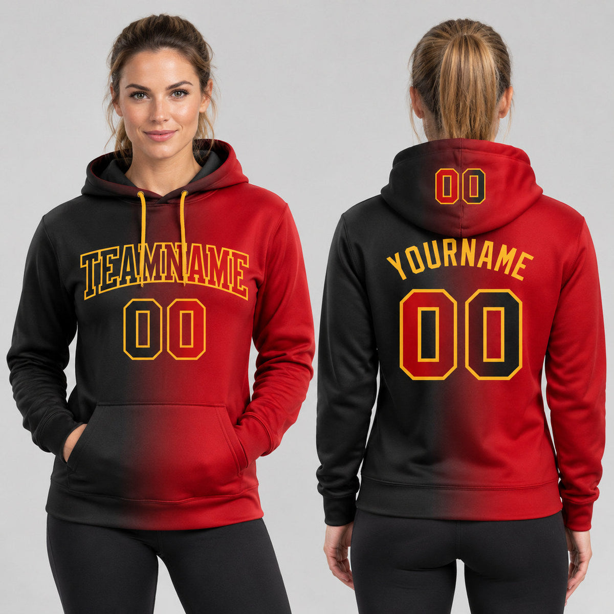 Custom Black Gradient Pullover Hoodie with Red and Gold Lettering worn by female model