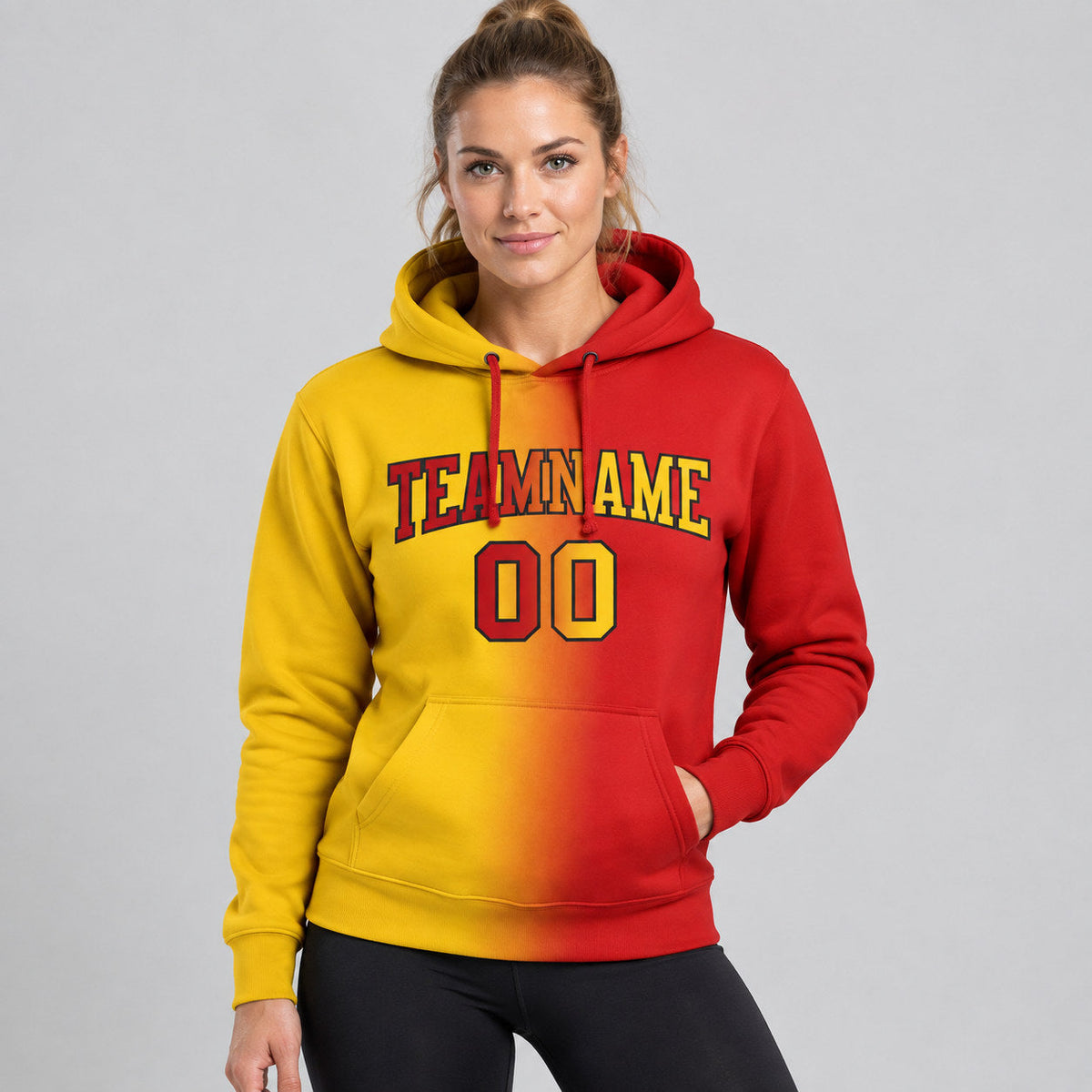Custom Red Gradient Pullover Hoodie with Yellow and Black Lettering worn by female model