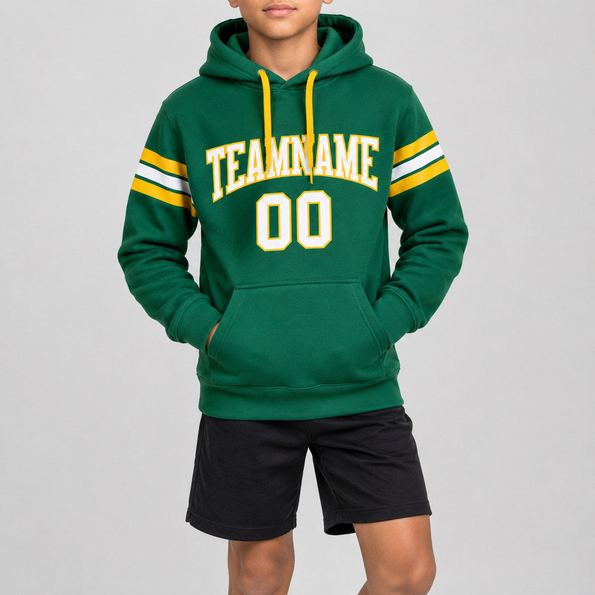 Custom Kelly Green Football Pullover Hoodie with White and Gold Lettering youth size worn by child model