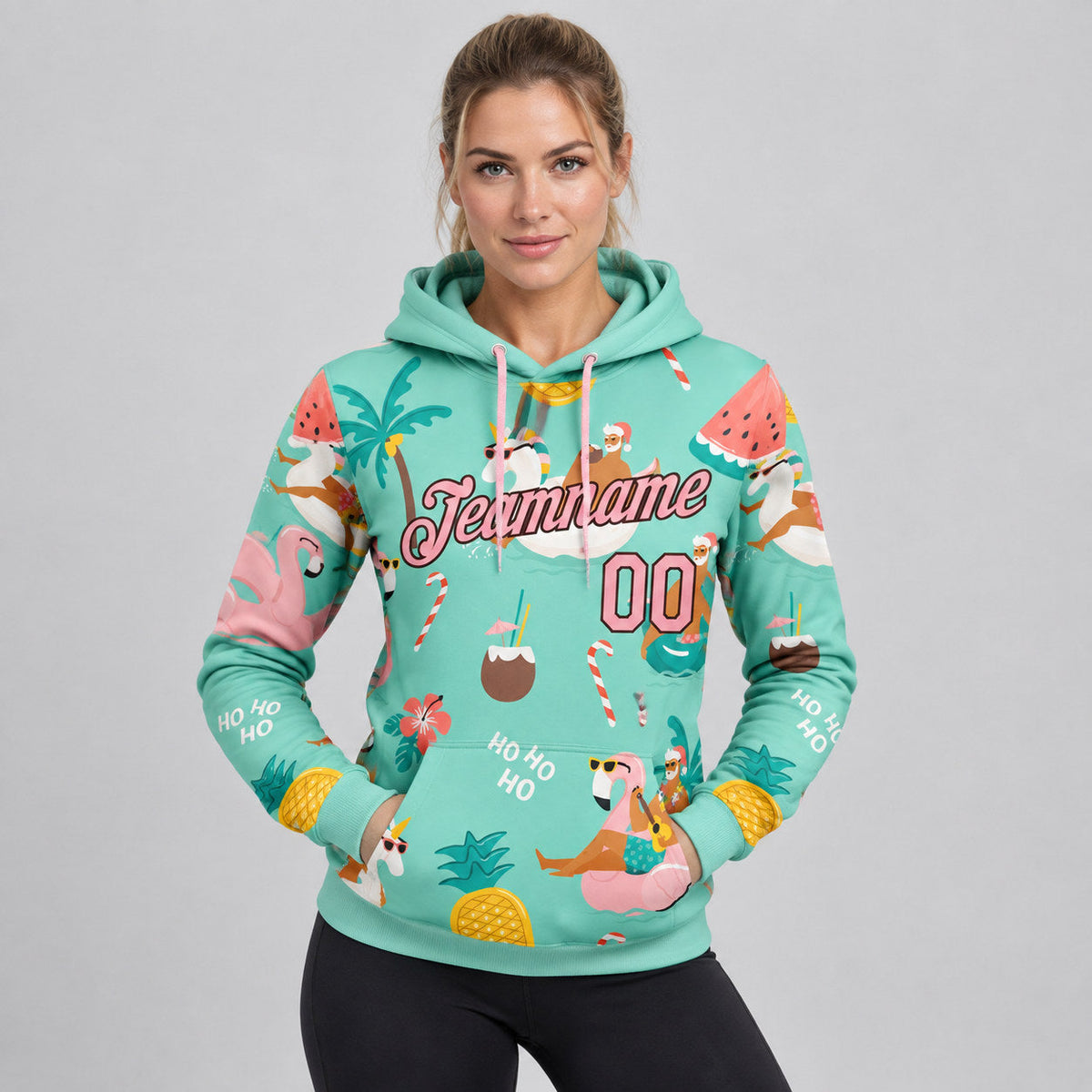 Custom Aqua Tropical Christmas Santas Pullover Hoodie with Medium Pink and Brown Lettering worn by female model