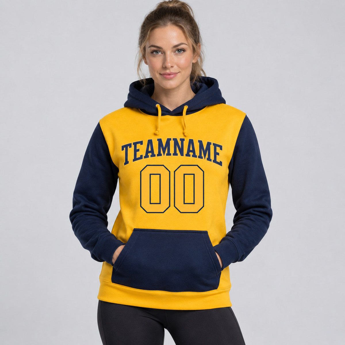 Custom Gold Pullover Hoodie with Gold and Navy Lettering worn by female model